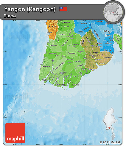 Satellite Map of Yangon (Rangoon), political shades outside