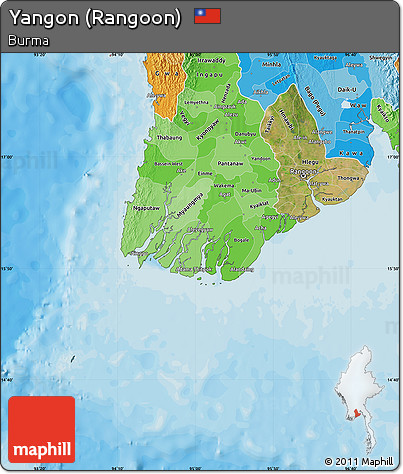 Satellite Map of Yangon (Rangoon), political shades outside