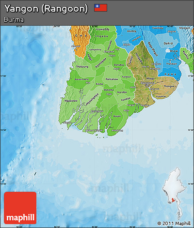 Satellite Map of Yangon (Rangoon), political shades outside