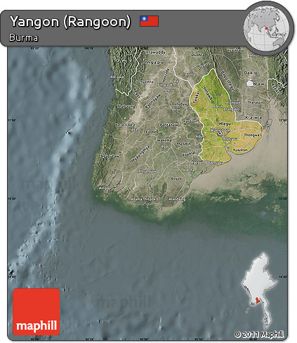 Satellite Map of Yangon (Rangoon), semi-desaturated