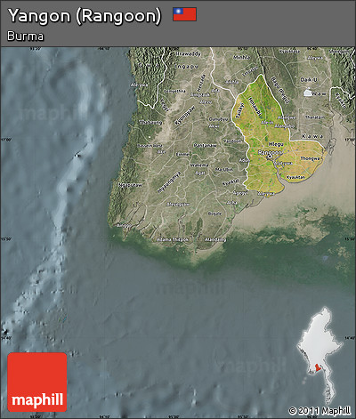 Satellite Map of Yangon (Rangoon), semi-desaturated