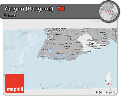 Gray Panoramic Map of Yangon (Rangoon)