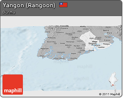 Gray Panoramic Map of Yangon (Rangoon)