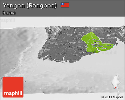 Physical Panoramic Map of Yangon (Rangoon), desaturated