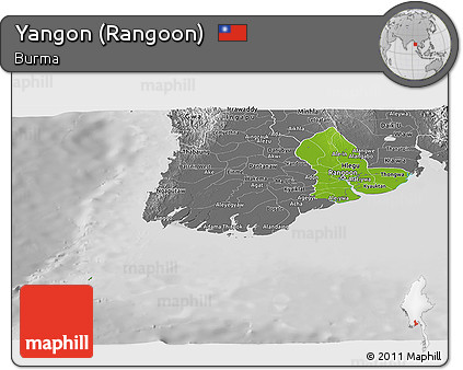 Physical Panoramic Map of Yangon (Rangoon), desaturated