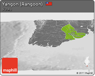 Physical Panoramic Map of Yangon (Rangoon), desaturated