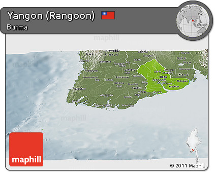 Physical Panoramic Map of Yangon (Rangoon), semi-desaturated