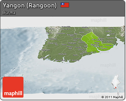 Physical Panoramic Map of Yangon (Rangoon), semi-desaturated