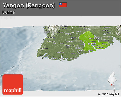 Physical Panoramic Map of Yangon (Rangoon), semi-desaturated