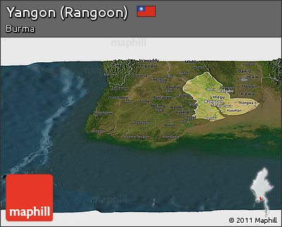 Satellite Panoramic Map of Yangon (Rangoon), darken