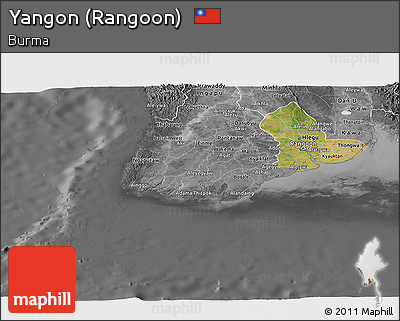 Satellite Panoramic Map of Yangon (Rangoon), desaturated