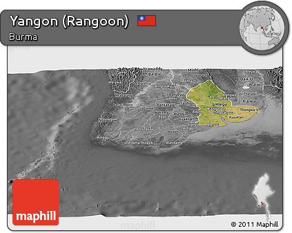 Satellite Panoramic Map of Yangon (Rangoon), desaturated