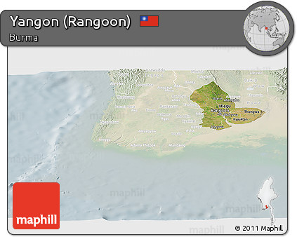Satellite Panoramic Map of Yangon (Rangoon), lighten