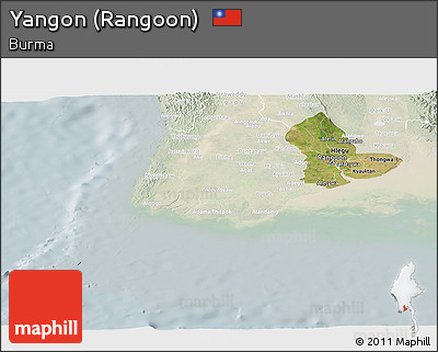 Satellite Panoramic Map of Yangon (Rangoon), lighten