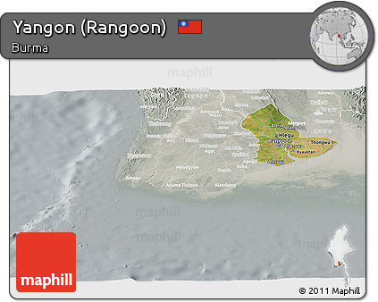 Satellite Panoramic Map of Yangon (Rangoon), lighten, semi-desaturated