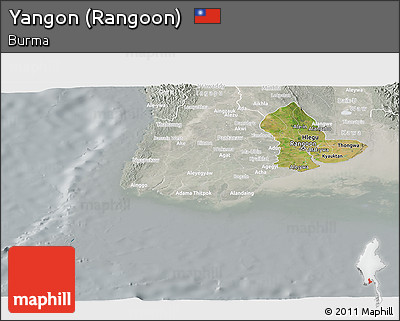 Satellite Panoramic Map of Yangon (Rangoon), lighten, semi-desaturated