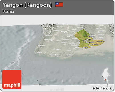 Satellite Panoramic Map of Yangon (Rangoon), lighten, semi-desaturated