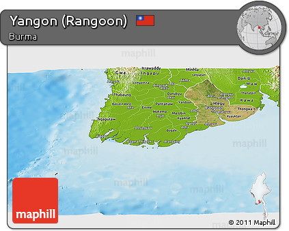 Satellite Panoramic Map of Yangon (Rangoon), physical outside