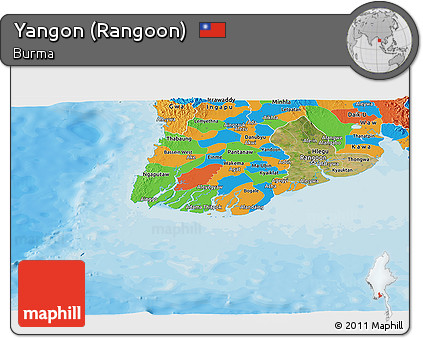 Satellite Panoramic Map of Yangon (Rangoon), political outside