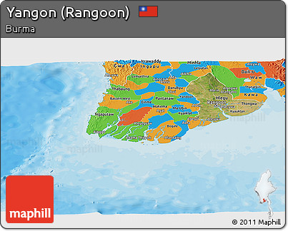 Satellite Panoramic Map of Yangon (Rangoon), political outside
