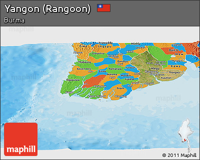 Satellite Panoramic Map of Yangon (Rangoon), political outside
