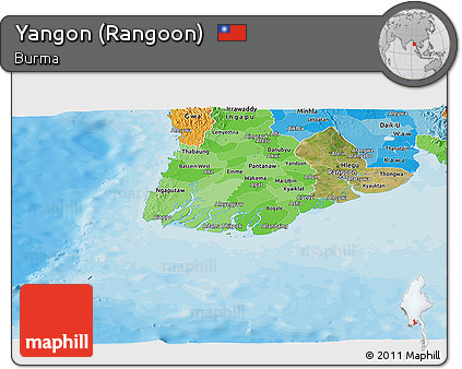 Satellite Panoramic Map of Yangon (Rangoon), political shades outside