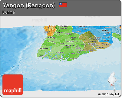 Satellite Panoramic Map of Yangon (Rangoon), political shades outside