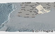Shaded Relief Panoramic Map of Yangon (Rangoon), darken, semi-desaturated