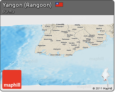 Shaded Relief Panoramic Map of Yangon (Rangoon)