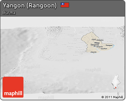 Shaded Relief Panoramic Map of Yangon (Rangoon), lighten, desaturated