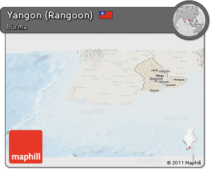 Shaded Relief Panoramic Map of Yangon (Rangoon), lighten