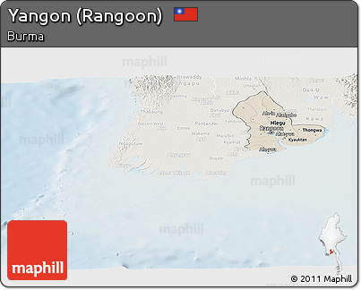 Shaded Relief Panoramic Map of Yangon (Rangoon), lighten