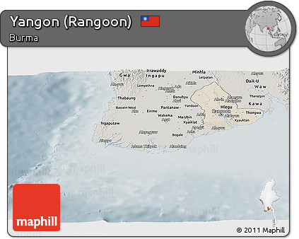 Shaded Relief Panoramic Map of Yangon (Rangoon), semi-desaturated