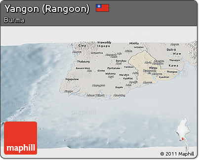 Shaded Relief Panoramic Map of Yangon (Rangoon), semi-desaturated
