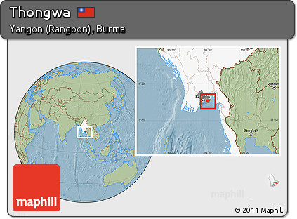 Savanna Style Location Map of Thongwa, highlighted country, highlighted parent region, hill shading
