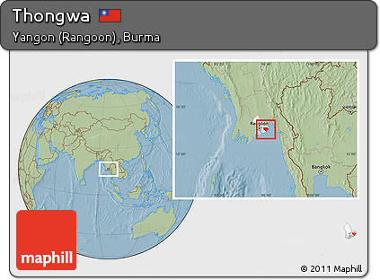 Savanna Style Location Map of Thongwa, highlighted parent region, hill shading