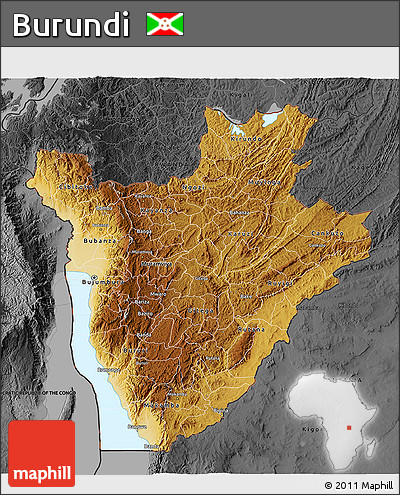 Physical 3D Map of Burundi, darken, desaturated