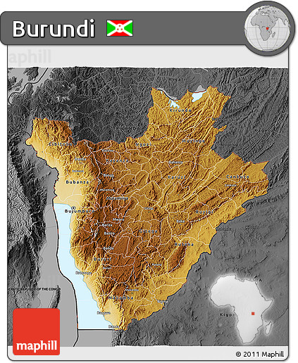 Physical 3D Map of Burundi, darken, desaturated