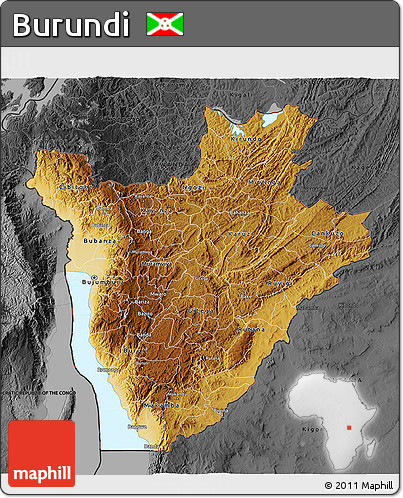 Physical 3D Map of Burundi, darken, desaturated
