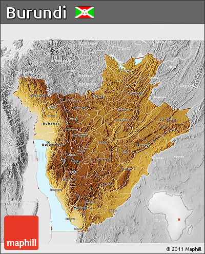 Physical 3D Map of Burundi, lighten, desaturated, land only