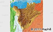 Physical 3D Map of Burundi, political shades outside, shaded relief sea