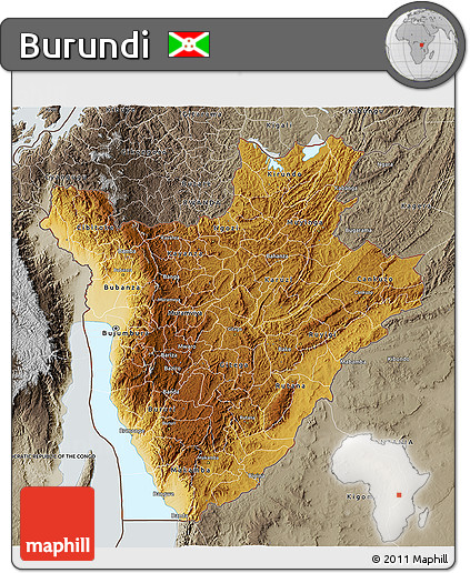 Physical 3D Map of Burundi, semi-desaturated