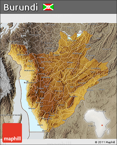 Physical 3D Map of Burundi, semi-desaturated