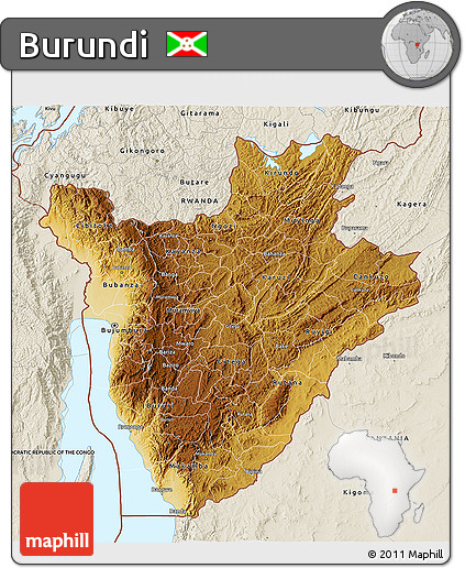 Physical 3D Map of Burundi, shaded relief outside