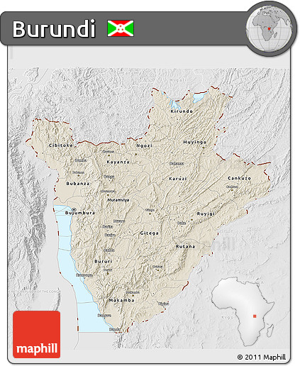 Shaded Relief 3D Map of Burundi, lighten, desaturated
