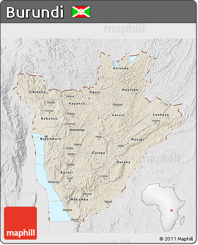 Shaded Relief 3D Map of Burundi, lighten, desaturated