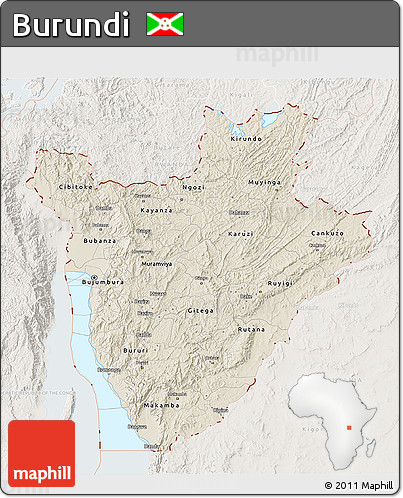 Shaded Relief 3D Map of Burundi, lighten