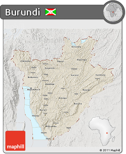 Shaded Relief 3D Map of Burundi, lighten, semi-desaturated, land only
