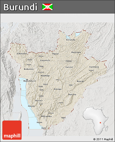 Shaded Relief 3D Map of Burundi, lighten, semi-desaturated, land only