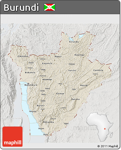 Shaded Relief 3D Map of Burundi, lighten, semi-desaturated, land only